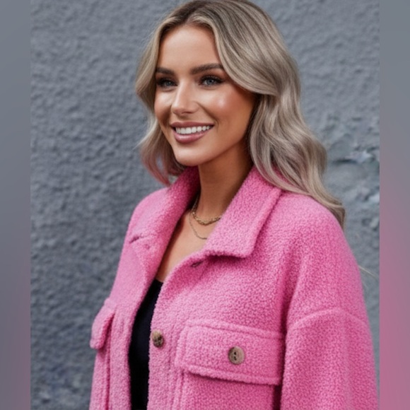 Flap Pocket Drop Shoulder Teddy Coat Jacket Pink - Picture 4 of 9